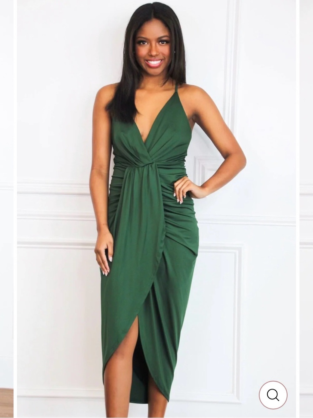 Forest Green Twist-Front V-Neck Midi Dress